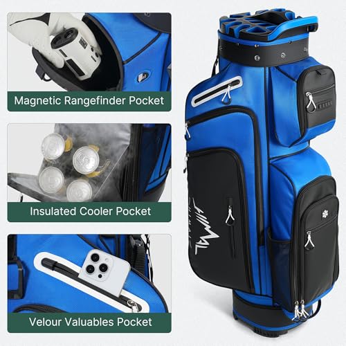uniHimal T-Lock Golf Cart Bag with Quiet 14-Way Full-Length Divider Top | Golf Bag for Men with Magnetic Pocket, Cooler Pocket, Handle and Rain Cover - color: Blue