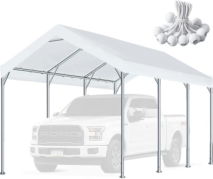 10'x20' Carport Replacement Top Canopy Cover for Car Garage Shelter Tent Party Tent with Ball Bungees White (Only Top Cover, Frame is not Included)
