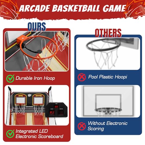 Foldable Indoor Basketball Arcade Game with Steel Frame Indoor Double Electronic Basketball Machine with 5 Size 7 Inch Balls for 2 Players Basement Game Rooms