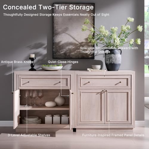 ACCOHOHO Modern Farmhouse Buffet Cabinet, 31.5" Sideboard Credenza, Modular Storage Cabinet with Framed Panel Fronts, Adjustable Shelves & Dual Base Design, White Alder - color: White Alder, size: 1 Piece