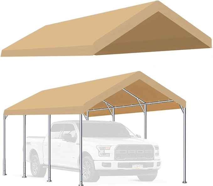 Rutile 10'x20' Carport Canopy ONLY Tent Garage Replacement Top Tarp Car Shelter Cover w/Ball Bungees Beige (Only Top Cover, Frame is not Included)