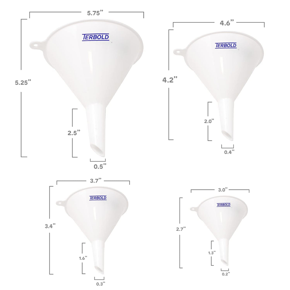 4pc Funnel Nesting Set in BPA Free Plastic for Kitchen Cooking, Car Oil, Home, or Lab Use (White)
