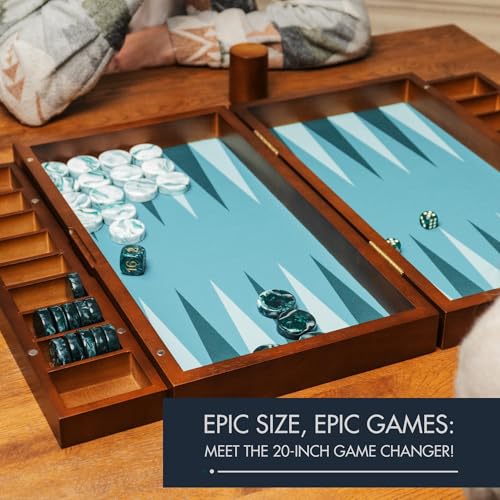 Pointworks 20 Inch Large Backgammon Sets for Adults, Green Backgammon Board, Solid Wood. Removable Accessory Tray, Premium 1.5 Inch Checkers & Dice Set, Backgammon Game Set Backgammon Table