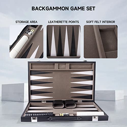 GSE Premium Leather Backgammon Board Game Set, Black&Grey, Large | Premium Leather, Travel Folding Board, Classic Game Set, Leather Case Included - color: Leather-black&grey, size: Large