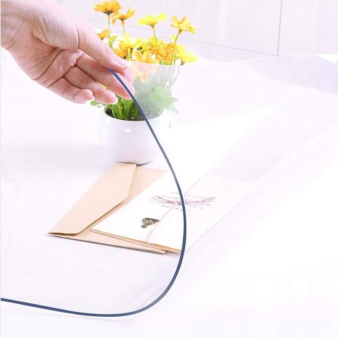 NECAUX Custom Multisize 1.5mm Thick Clear PVC Table Cover Protector - 60 x 108 Inch Long Plastic Crystal Protective Meeting/Dining Room Table Pad Kitchen Wood Grain Vinyl Table Cover