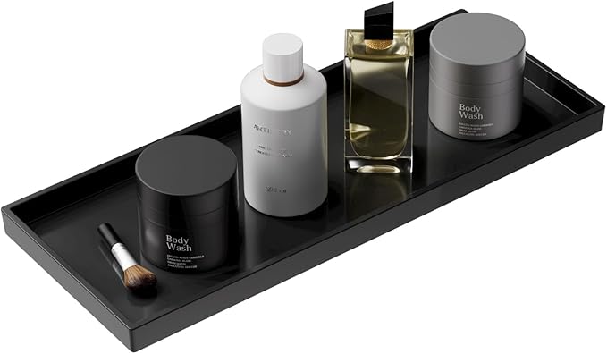 Vanity and Bathroom Tray, 15" ABS Countertop Organizer,Waterproof Vanity Tray for Toilet Tank,Perfume,Soap,Keys,Bathroom Accessories,Kitchen and Bath Trays,Non Slip Small Trays,Black