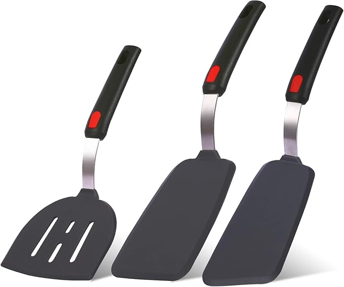 Silicone Spatula Turner Set Large And Thin Flipper Spatulas Heat Resistant 600 ° F Slotted Flexible Turner Cooking Utensils For Nonstick Cookware Egg,Pancake,Fish,Omelette,Hamburger (3 Pack)