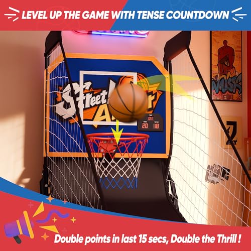JupiterForce Foldable Electronic Arcade Basketball Game, Indoor Single Shot Basketball Hoop Arcade Game with Electronic Scorer, Buzzer, 3 Basketballs and Pump for Adults
