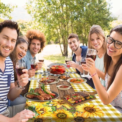 Picnic Table Cover with Bench Covers, Sunflower Buffalo Plaid Farmhouse Wood Waterproof Elastic Fitted Tablecloths Outdoor Camping Essentials, with Drawstring Bag, 96in, Yellow - color: Yellow, size: 30X96inch