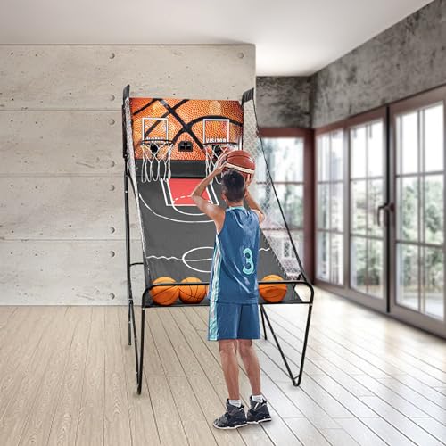 Dual Shot Basketball Arcade Game, Foldable Electronic Basketball Machine with LED Scorer and Timer, 8 Modes 2-Player Includes 5 Balls for Family Game Room Basement