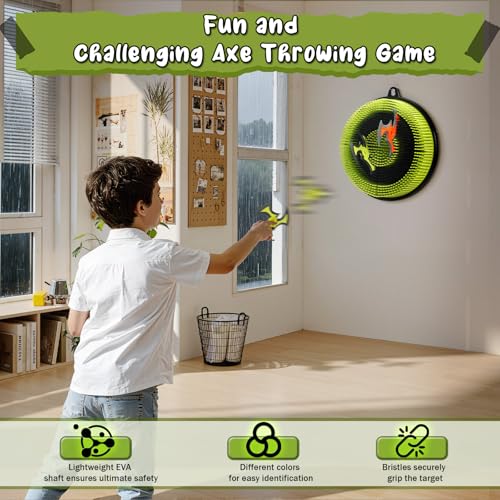 Axe Throwing Game Set for Adults and Kids: Bristle Axe Target Board Game with 4 Throwing Stars, No Drill Mounting, Compact & Portable Design for Indoor Outdoor Use （12in）