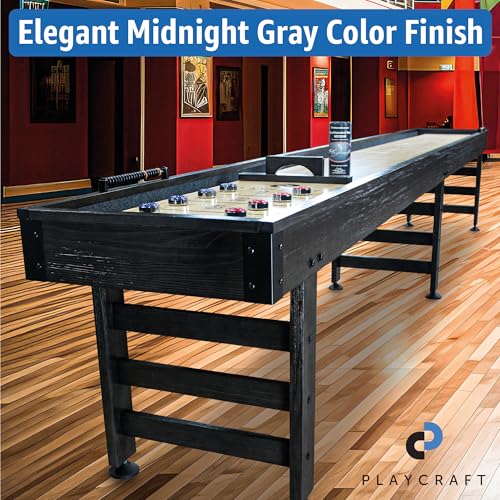 Playcraft Saybrook Shuffleboard Table with DIY Assembly - Fully Knock-Down Shuffle Board Game Table with Abacus, 8 Pucks & Premium Wax - Pro Style Climate Adjusters - Midnight Charcoal Gray - size: 12'