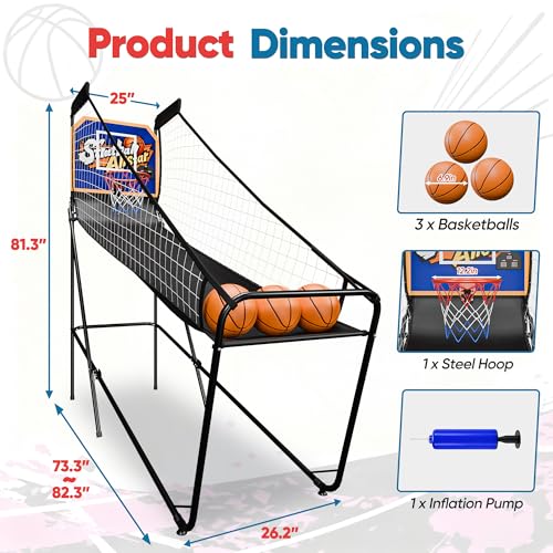 JupiterForce Foldable Electronic Arcade Basketball Game, Indoor Single Shot Basketball Hoop Arcade Game with Electronic Scorer, Buzzer, 3 Basketballs and Pump for Adults
