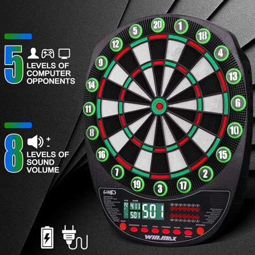 WIN.MAX Electronic Dart Board Soft Tip Dartboard Set LED Displays 3 Languges with Cabinet - style: grey