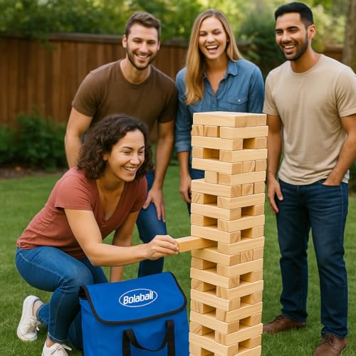 Bolaball Tumbling Tower Game with 56 Wooden Blocks & Carry Bag, Classic Stacking Tower for Family Games, Party Games, Travel Games, Indoor Outdoor Tumbling Games