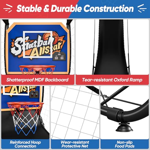 JupiterForce Foldable Electronic Arcade Basketball Game, Indoor Single Shot Basketball Hoop Arcade Game with Electronic Scorer, Buzzer, 3 Basketballs and Pump for Adults