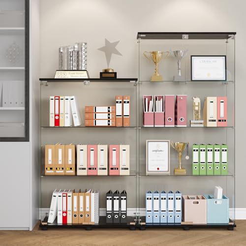 Glass Display Cabinet with 4-Shelf Double Doors and Lock, Curio Cabinet 5mm Tempered Glass Floor Standing Bookshelf for Living Room, Bedroom, Office, 64 x 31.7 x 14.3 in, Black - size: 2-Door 4-Shelf