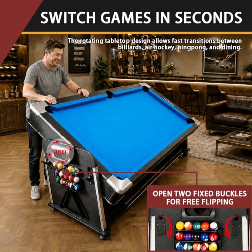 4-in-1 Multi Game Table – Pool Table,Air Hockey Table,Ping Pong Table & Dining Table Combo with Flip-Top Design,Includes Full Accessories.7ft Billiard Tables for Living Room,Bar,and Game Room.
