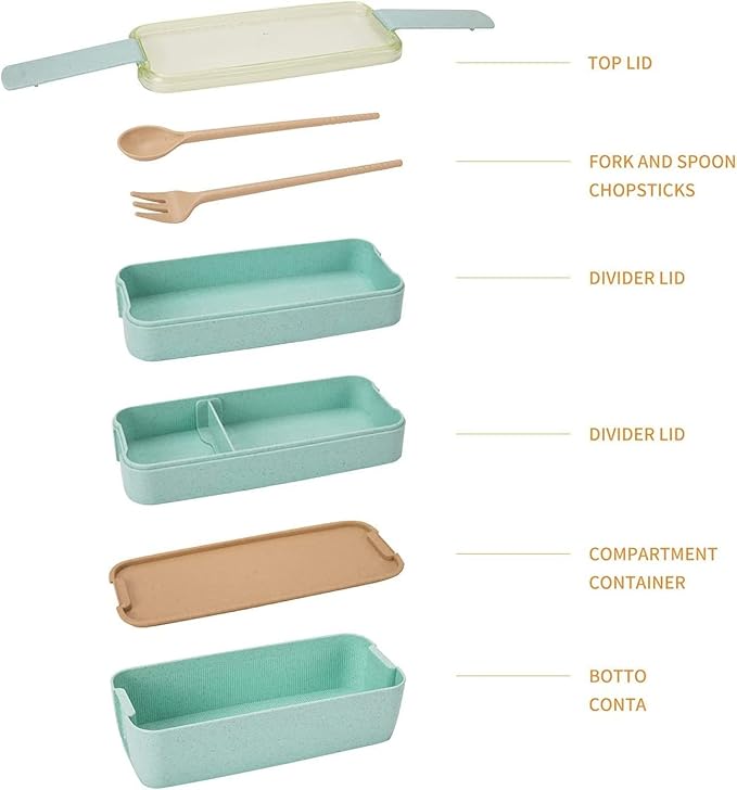 Rarapop Beige Stackable Bento Lunch Box Kit, 3-In-1 Compartment Wheat Straw Lunch Containers with Tableware, Reusable On-the-Go Meal and Snack Containers