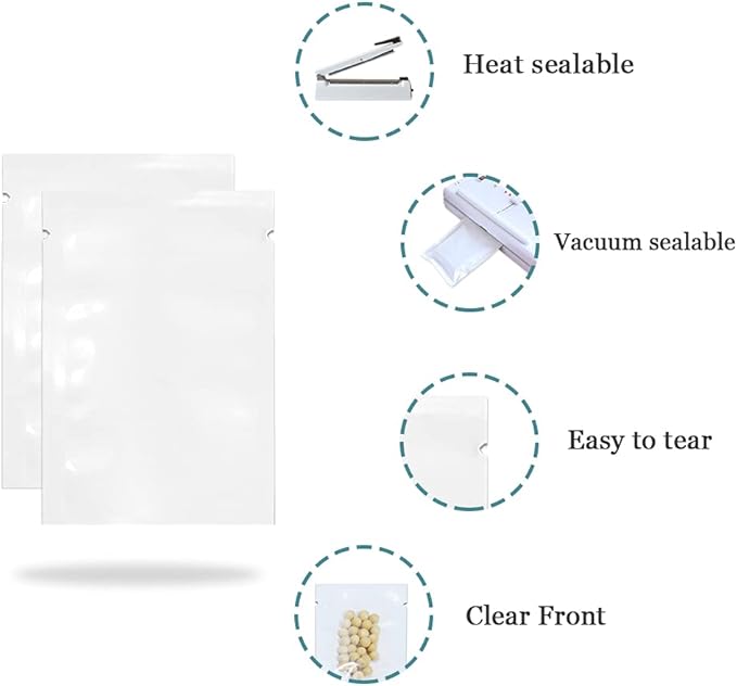 PABCK 1000Pcs 3.9x5.9 inch (Usable Size 3.5x5.7 inch) White Front Clear Open Top 2.8mil Plastic Vacuum Pouch Heat Sealable Bags for Food Storage Packets Mini Sample with Tear Notches