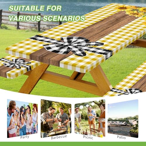 Picnic Table Cover with Bench Covers, Sunflower Buffalo Plaid Farmhouse Wood Waterproof Elastic Fitted Tablecloths Outdoor Camping Essentials, with Drawstring Bag, 96in, Yellow - color: Yellow, size: 30X96inch