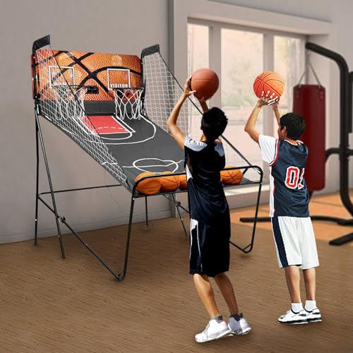 Electronic Basketball Arcade Game Shot Dual Shot Foldable Basketball Machine Indoor Basketball Hoop Arcade with Digital Scoring and Timer 5 Balls and 2 Nets for Teen & Adults Home