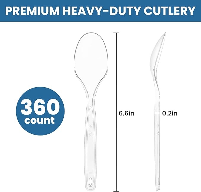 [360 Count] Clear Plastic Utensils 360 Disposable Spoons Silverware Bulk Spoons Bulk Heat Resistant Heavy Duty Silverware