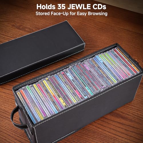 CD Storage Case with Lid & Handle – Faux Leather CD Holder Box – Stackable CD Storage Organizer with Label Slot – 4Pack (Black) - size: CD-4Pack