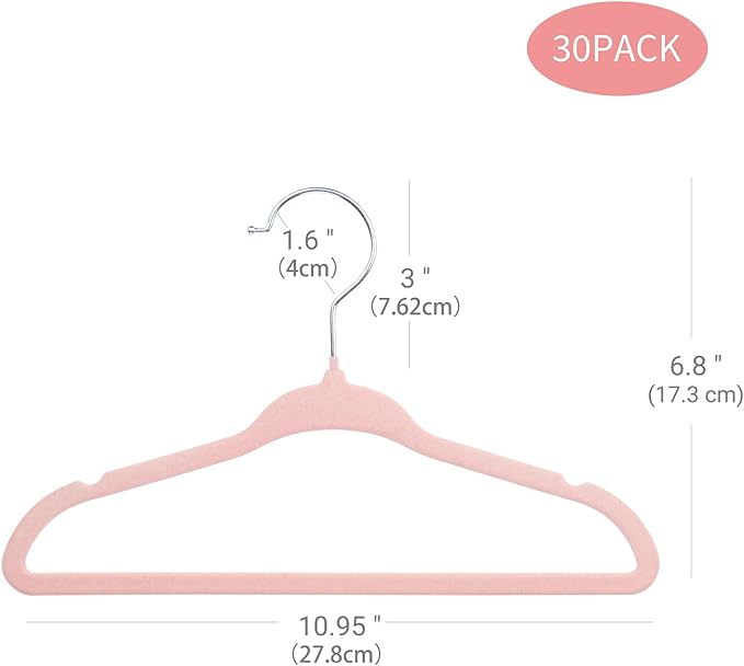 ManGotree Velvet Baby Clothes Hangers, Baby Toddler Kids Hangers with Swivel Hook, Notched Shoulder Design for Kids and Children Clothes (30 Pack, Light Pink)