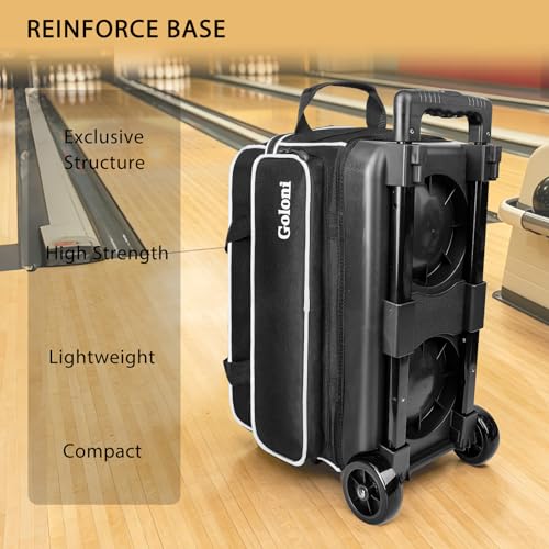 Goloni Double Roller 2 Ball Bowling Bag with Separate Shoe Compartment,2 Ball Bowling Bag with Wheels,Retractable Handle Extends to 40" - color: Black/white