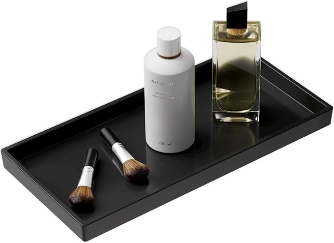 Vanity and Bathroom Tray, 9.8" ABS Countertop Organizer,Waterproof Vanity Tray for Toilet Tank,Perfume,Soap,Keys,Bathroom Accessories,Kitchen and Bath Trays,Non Slip Small Trays,Black