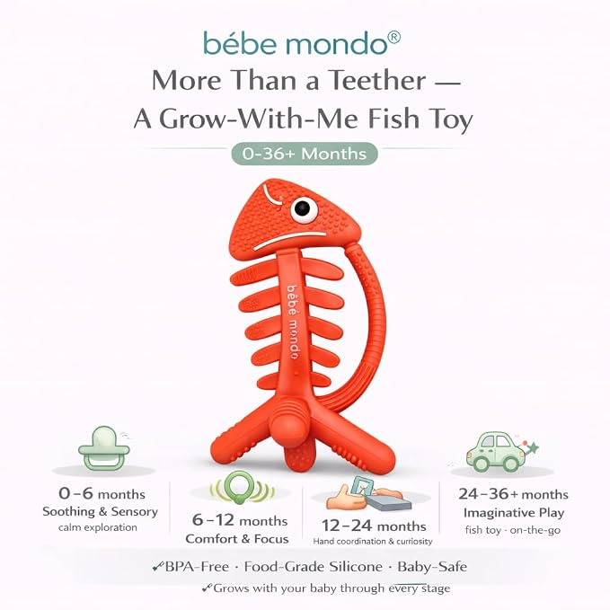 3 in 1 Infant Toys, Baby Teething Toys 3–6 6–12 Months, Teethers for Babies 0–3–6–12 Months for Teething Relief, Baby Gift, Baby Teether Toys, Silicone Sensory Toys, USA Patent Pending, Fish (Coral)