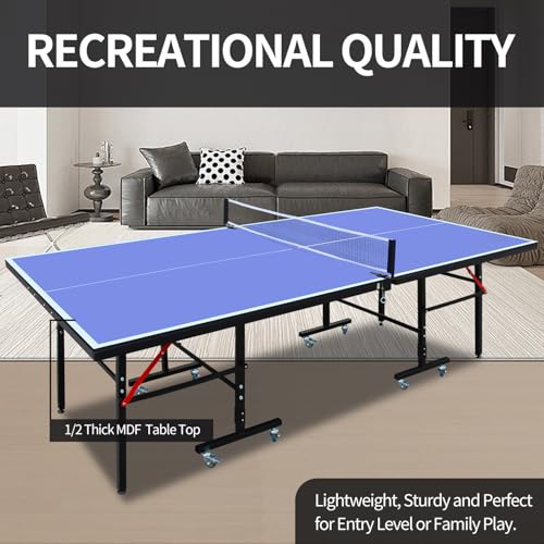 8ft Mid Size Table Tennis Table Foldable Portable Ping Pong Table Set for Indoor Games with Net, 2 Table Tennis Paddles and 3 Balls