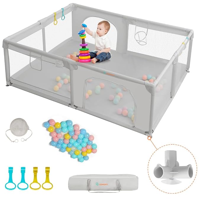 COMOMY Playpens for Babies and Toddlers, 79"x63" Baby Playard Extra Large, Safe and Non-Slip Baby Fence, Full Mesh Design, Indoor & Outdoor Kids Activity Center, Baby Play Pens (Beige)