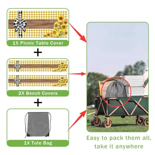 Picnic Table Cover with Bench Covers, Sunflower Buffalo Plaid Farmhouse Wood Waterproof Elastic Fitted Tablecloths Outdoor Camping Essentials, with Drawstring Bag, 96in, Yellow - color: Yellow, size: 30X96inch