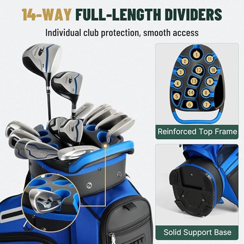 uniHimal T-Lock Golf Cart Bag with Quiet 14-Way Full-Length Divider Top | Golf Bag for Men with Magnetic Pocket, Cooler Pocket, Handle and Rain Cover - color: Blue