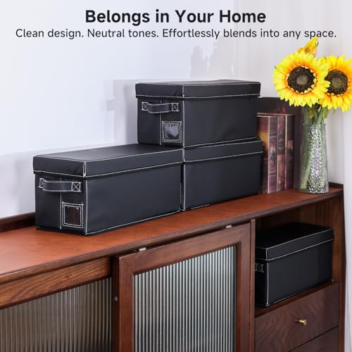 CD Storage Case with Lid & Handle – Faux Leather CD Holder Box – Stackable CD Storage Organizer with Label Slot – 4Pack (Black) - size: CD-4Pack