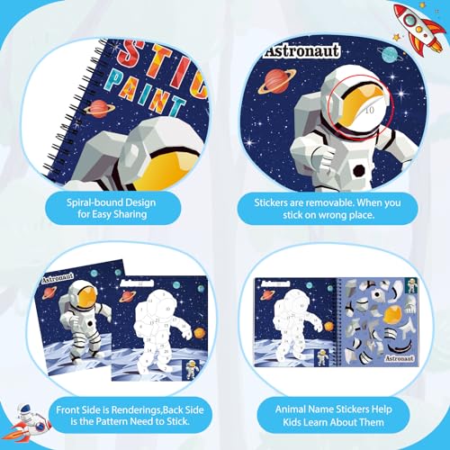 homicozy 3PCS Sticker Paint Books for Kids Ages 4-10,Dinosaur Astronaut Ocean Animals Designs Paint by Stickers,Sticker by Numbers,Party Birthday Gifts for Boys 4-10,Create 30 Pictures at a Time - style: Style2-3PCS