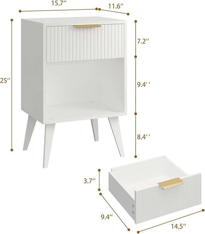 Fluted Night Stand with Opening Storage,Mid Century Bedside Table with Drawer,Modern Nightstand with Solid Wood Legs,End Table Side Table for Living Room,Bedroom,White CTG56W