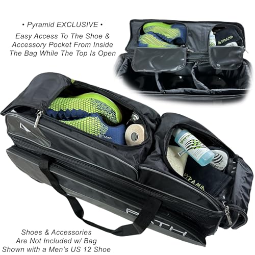 Pyramid Path Triple Premium Deluxe Roller Bowling Bag With Extra Large Separate Shoe Compartment (Up To US Mens Size 16) and 5 Accessory Pockets, 5" Wheels, Retractable Locking Handle - Extends to 42" - color: Black/Red