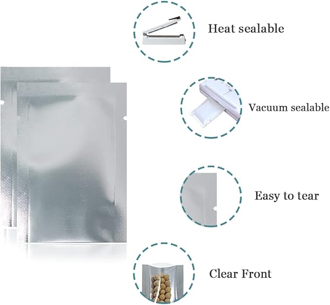 200 Pack 3.1x4.7 inch Silver Aluminum Foil Pouch Heat Seal Front Window Plastic Mini Open Top Flat Vacuum Packaging Mylar Bag Food Small Sample Mylar Storage with Tear Notch
