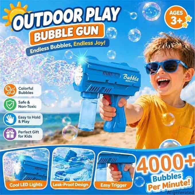 Kids Automatic Bubble Gun LED Light & Refill Solution – Leakproof Bubble Blaster, Outdoor Toys Toddlers 3-8, Birthday Gift, Easter Stuffer, Wedding & Party Supplies (Blue)