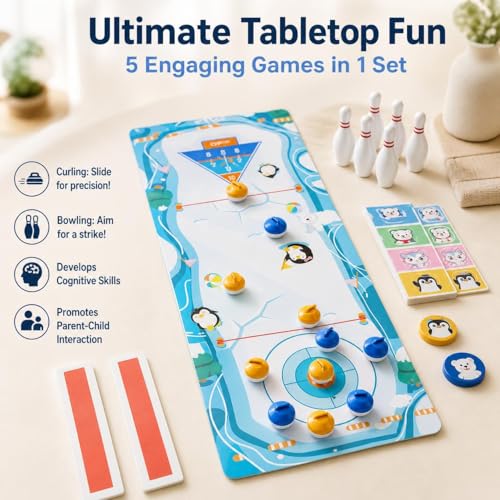 predolo Board Game, Shuffleboard Mat 80x30cm, Portable 2-in-1 Desktop Game for Kids & Adults with 8 Rolling Discs - style: 5-in-1 High-End Version