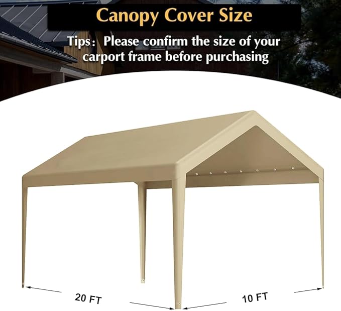 Carport Replacement Canopy, Replacement Top Cover for 10' x 20' Carport Frame, 180G PE Fabric Waterproof & UV Protected Tarp with Ball Bungees, Beige (Only Top Cover, Frame is not Included)