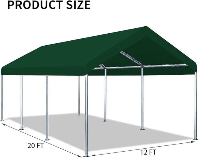 Rutile 12 x 20 FT Carport Replacement Cover, Heavy Duty Car Tarp Canopy Tent Replacement Top w/Ball Bungees Green (Only Top Cover, Frame is not Included)