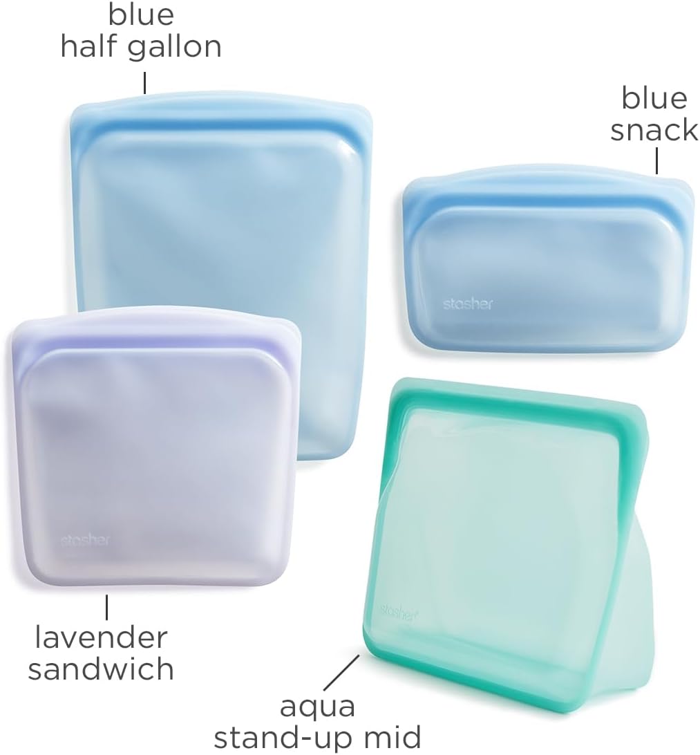 Stasher Premium Silicone Reusable Food Storage Bags, 4-Pack, Multi, Multi-Use Food Storage Bags, Lunch Bag, Travel Containers, BPA Free, Leak-free, Dishwasher-Safe, Eco-friendly