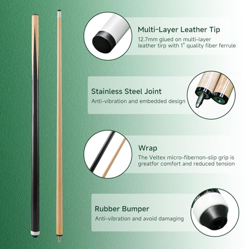 HMQQ Pool Cue Sticks – 42"/48"/58" Billiard Cues with 13mm Leather Tip – 17oz/18oz Standard or 20oz Heavy – Set of 2 or 4 – Durable 2-Piece Pool Sticks for Beginners, Adults, Home & Bar - size: 58" set of 4
