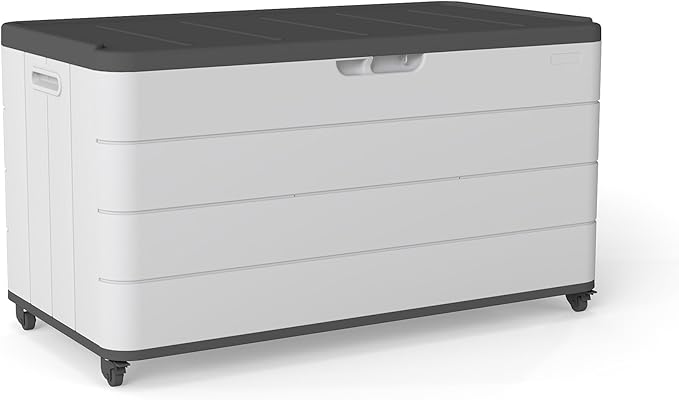 100GAL Square Storage Box (With Wheels) White，Waterproof Resin Storage Bin for Patio Cushions，Accessories，UV Resistan
