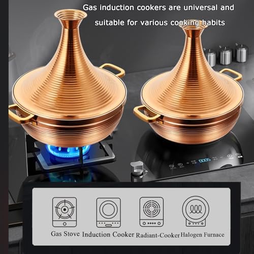 Large Stainless Steel Moroccan Tagine Pot, 30cm Non-Stick Tajine Casserole with Cone Lid & 2 Handles, Elegant Gold Design for Authentic Moroccan Cooking