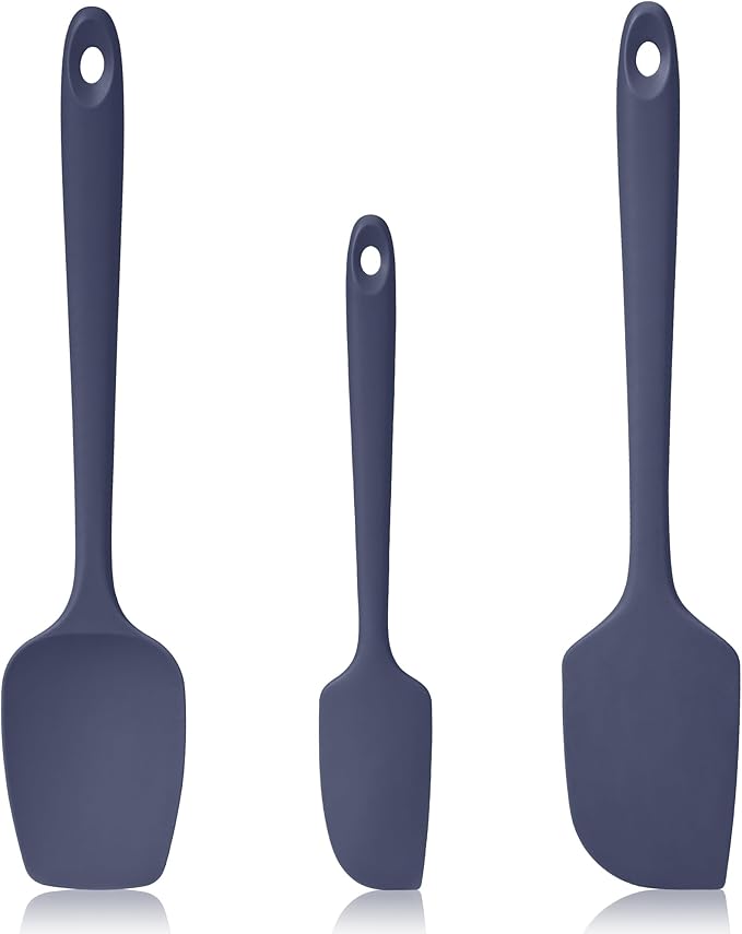 600ºF Heat Resistant Spatulas, High Heat Food Safe Semless Kitchen Silicone Scraper Set for Cooking Baking Mixing Scraping Stirring Nonstick Cookware Pan Bowl (3Pcs,Midniaht Blue)